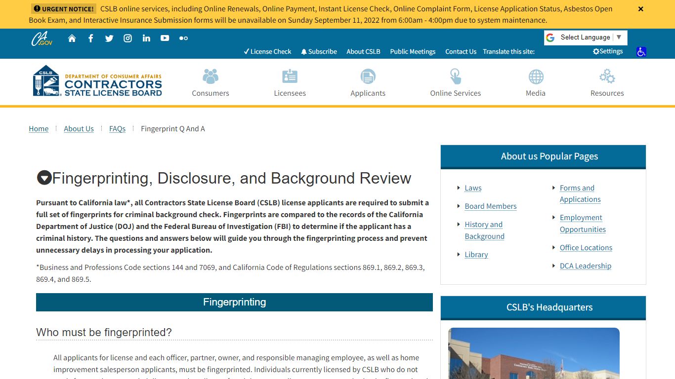 Fingerprinting, Disclosure, and Background Review - CSLB